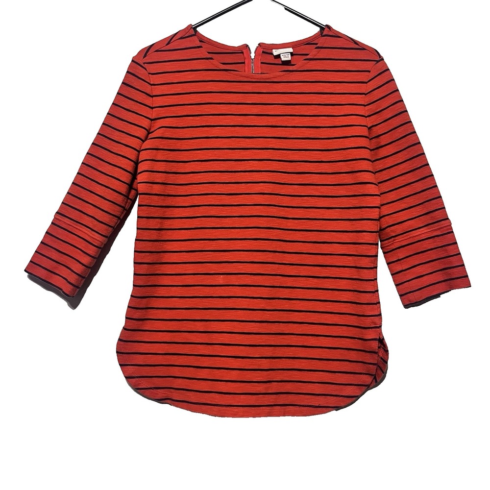 Merona Striped Top Womens Orange Navy Blue 3/4 Sleeve Back Zip XS